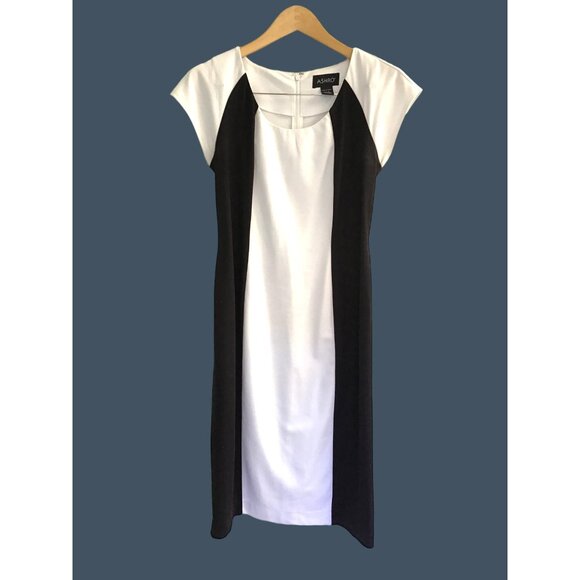 ASHRO- WOMENS BLACK/WHITE PATTERN BACK ZIP-UP CLOSURE MIDI DRESS SIZE SMALL - Picture 1 of 6